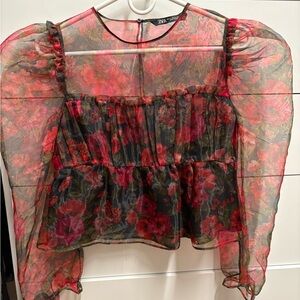 Zara Floral Sheer Blouse - Red and Black